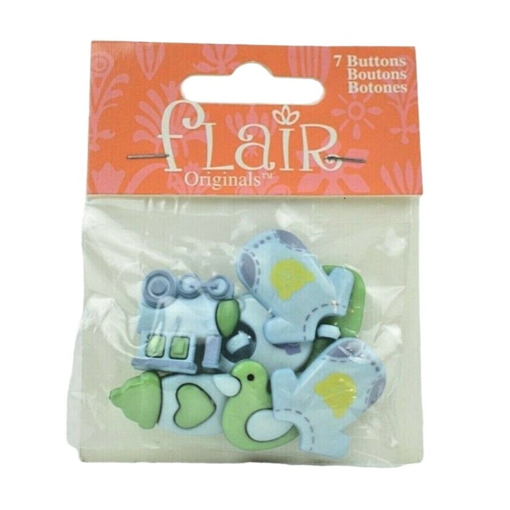 Flair Originals It's a Boy! 7 Button Set Train, Bottles, Shirts, Duck, Car New